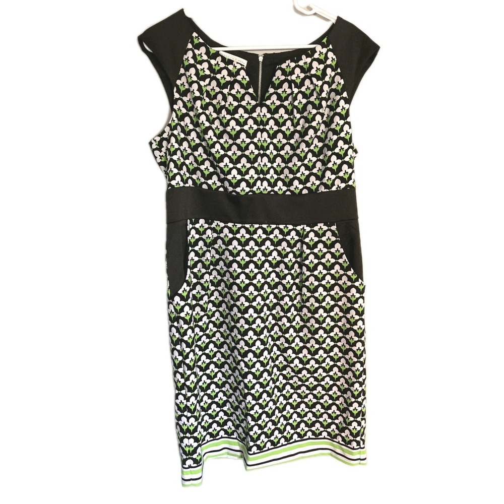 London Times Dress Womens 14 Black White Green Floral Sheath Pockets Work EUC